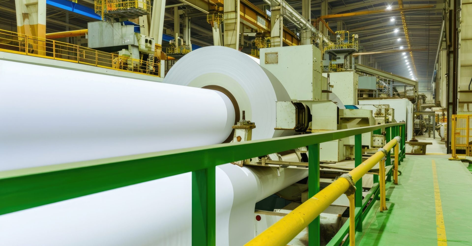 Massive rolls of pristine white paper ready for use in a busy print production warehouse. Giant paper rolls waiting to be transformed in an industrial print shop.