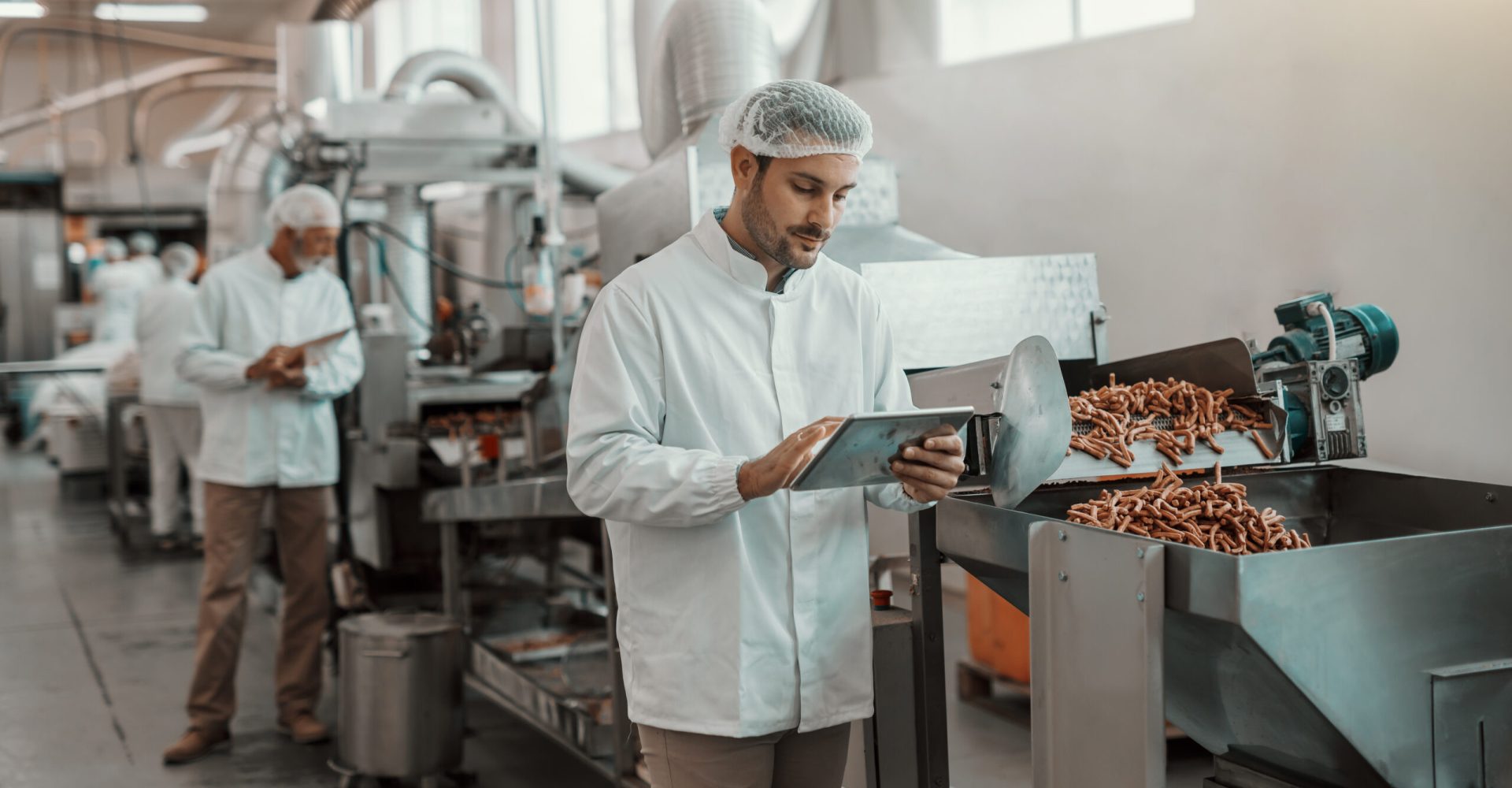 Young Caucasian serious supervisor evaluating quality of food in food plant while holding tablet. Man is dressed in white uniform and having hair net.